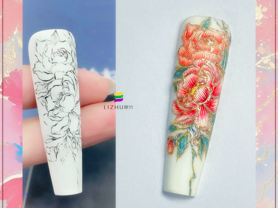 國風刺繡牡丹美甲，廣西美甲設計學校作品